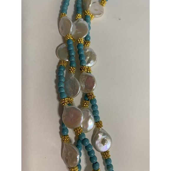Necklace Turquoise Pearls Brass Seed Beads 4 Strands 29 - 32 Inches - Picture 2 of 4